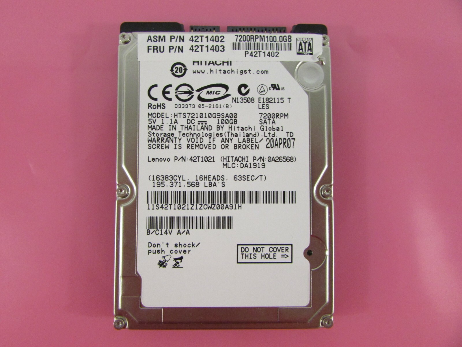Hitachi Travelstar HTS721010G9SA00 100GB 7.2K RPM 2.5" SATA Internal Hard Drive