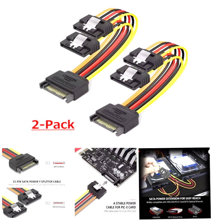 2pcs SATA Power 15 Pin Splitter Cable Adapter Male to Female SSD HDD Hard Drive