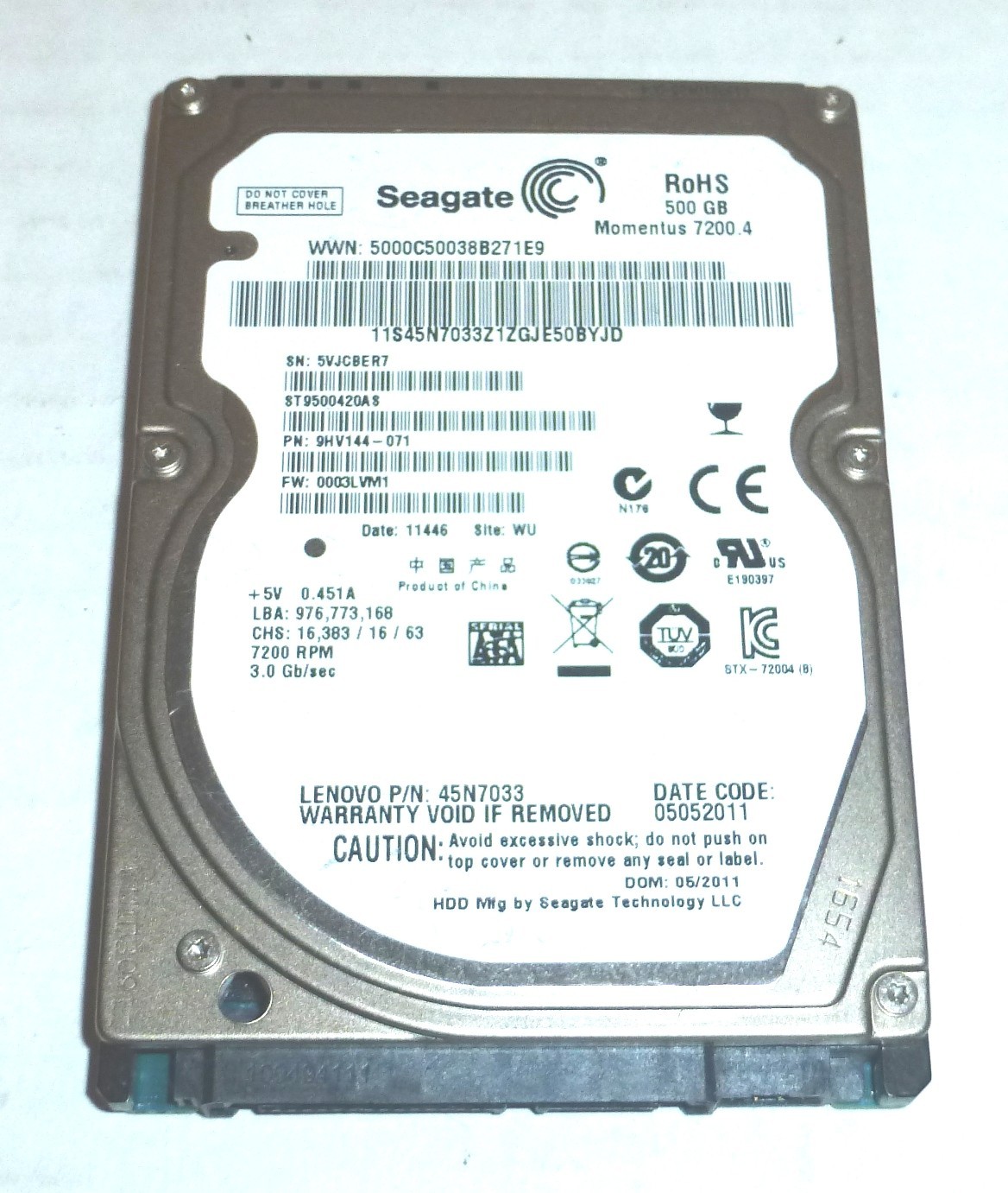 Seagate ST9500420AS 500GB Sata Hard Drive P/N: 9HV144-071 F/W: 0003LVM1  WU