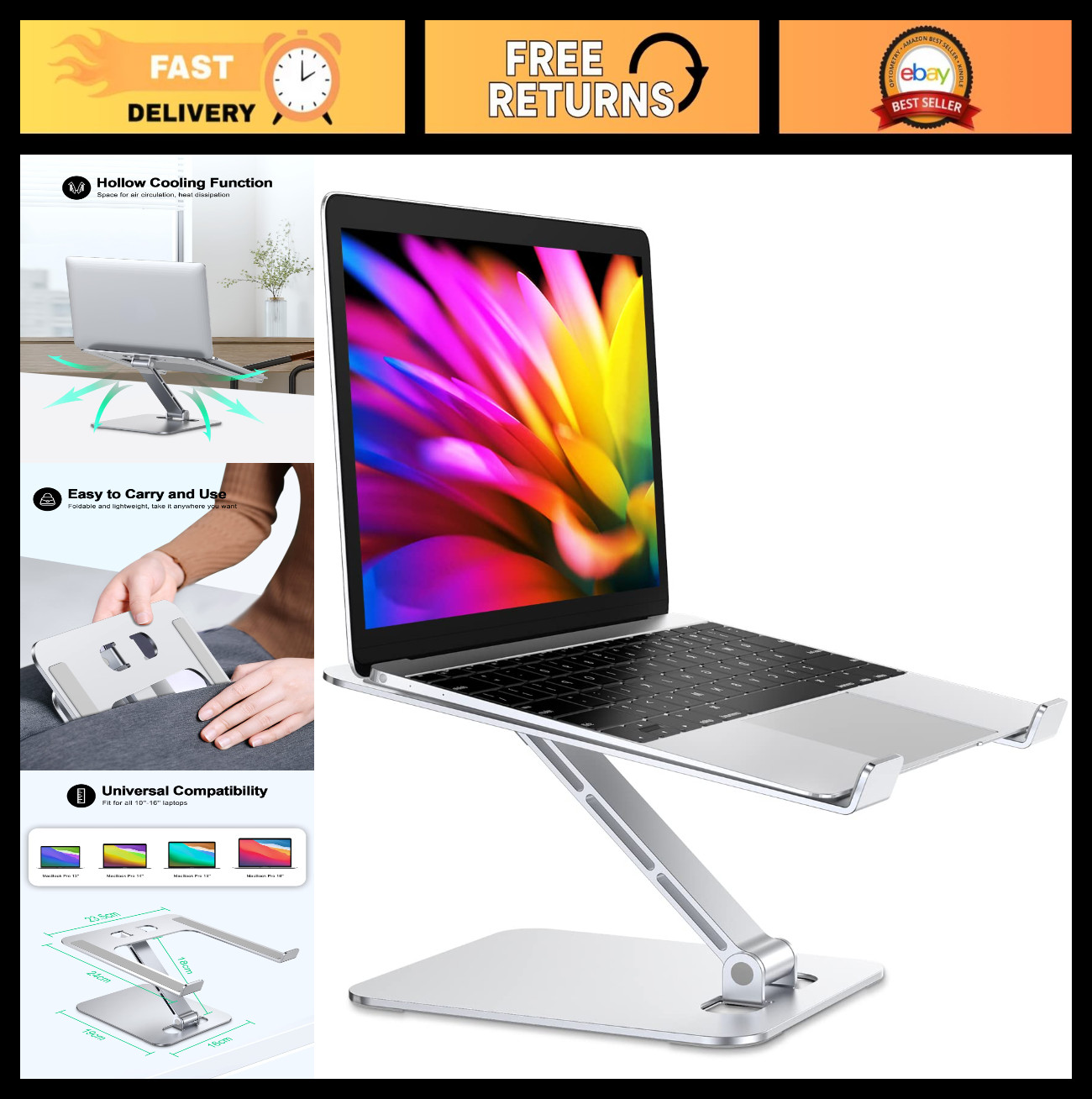 Adjustable Foldable Aluminum Laptop Stand - Ergonomic Riser for 10-16" Laptops,