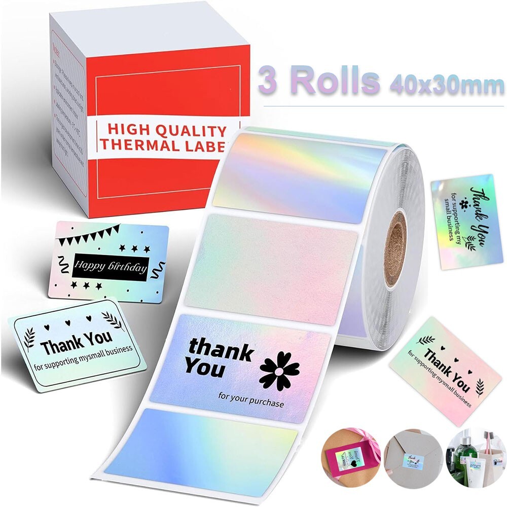 3Rolls 40x30mm Holographic Waterproof Sticker Paper for Phomemo M110/M220/M150
