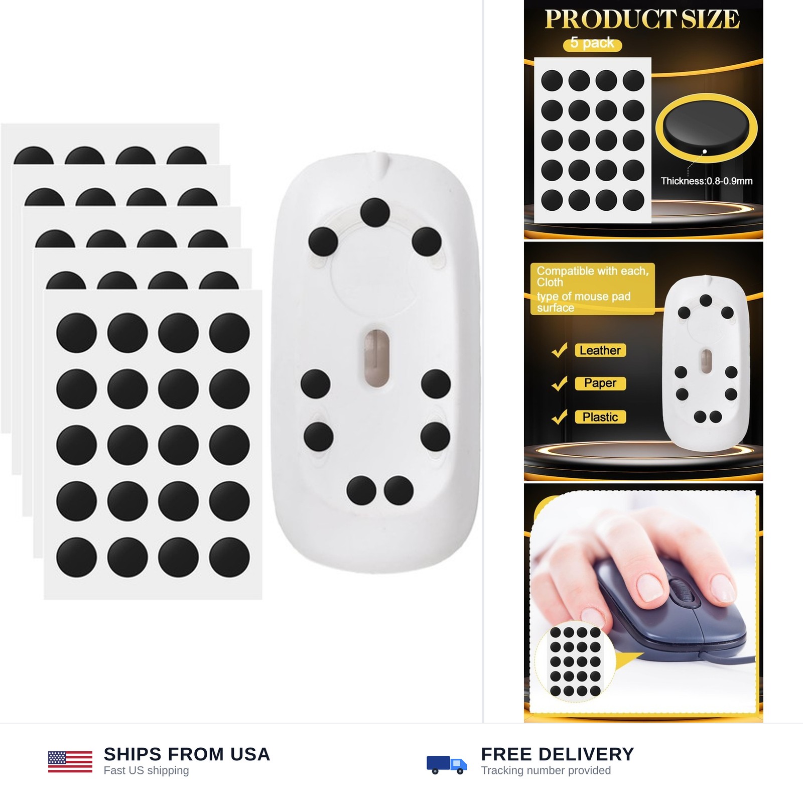 100 Pcs Black Mouse Feet Skates Glide Pads PTFE 6.5mm Replacement Stickers
