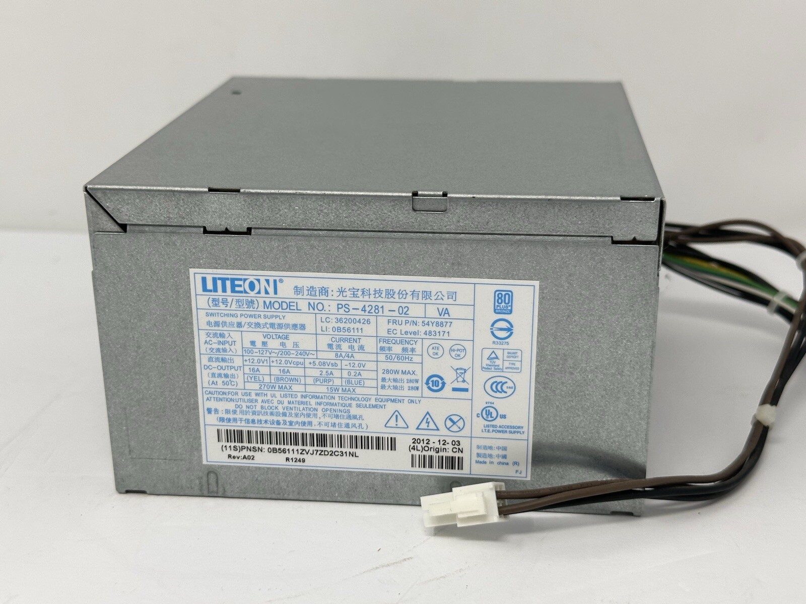 LITEON IBM Lenovo Thinkcentre M82 M89 M92p PS-4281-02 280W Power Supply Tested