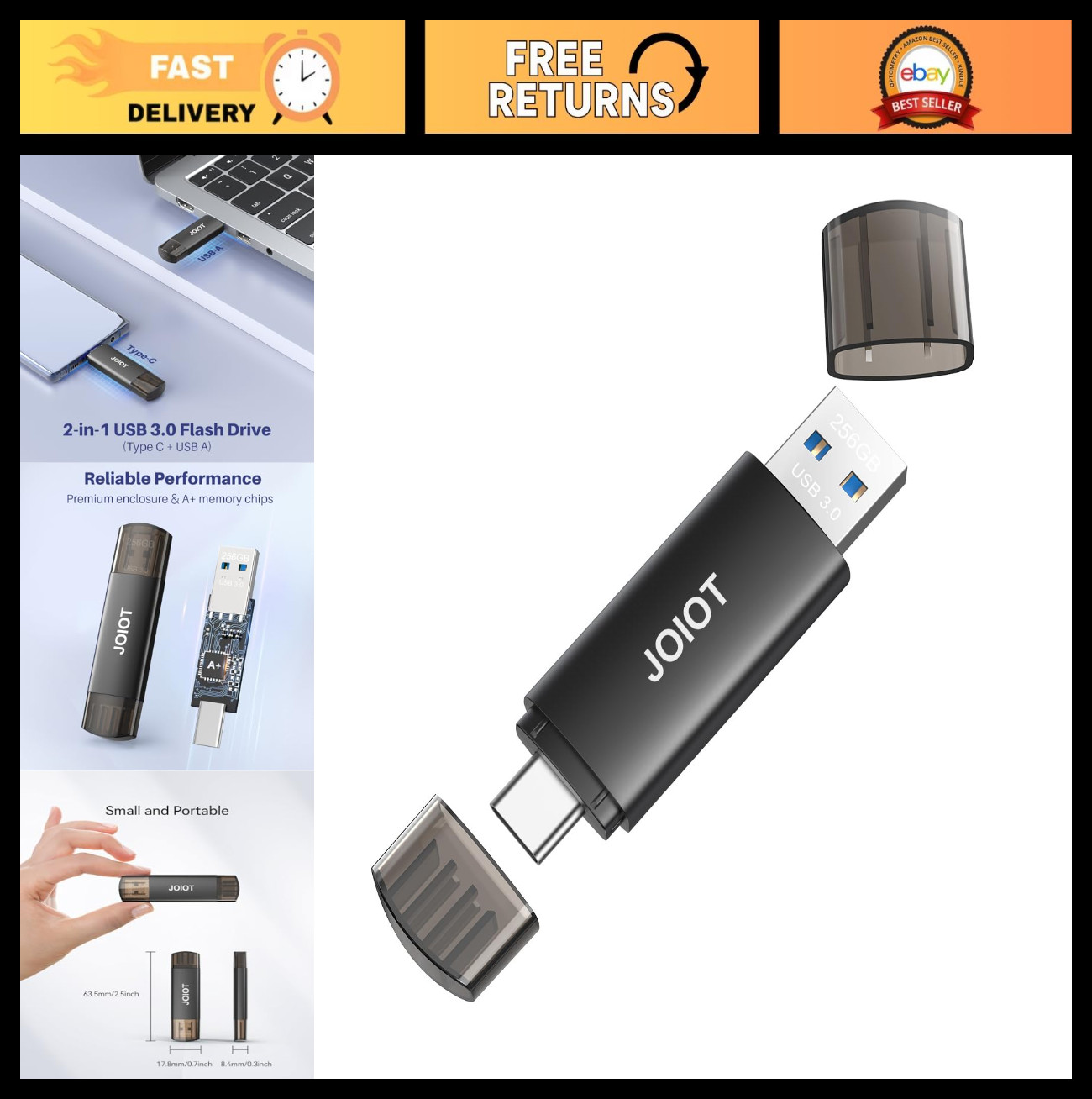 256GB USB C Flash Drive Dual USB 3.0 Type C + USB A Portable 2-in-1 Thumb Drive