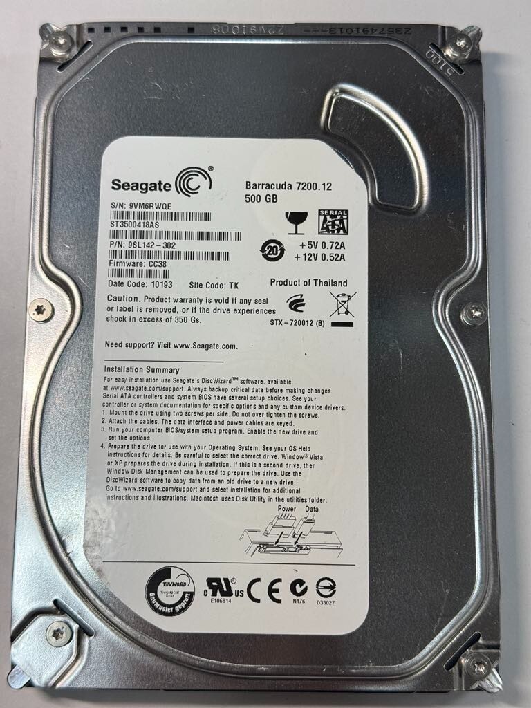 SEAGATE 9SL142-302 ST3500418AS 500GB 16MB FW CC38 Code 10193 3Gbps SATA 3.5" HDD