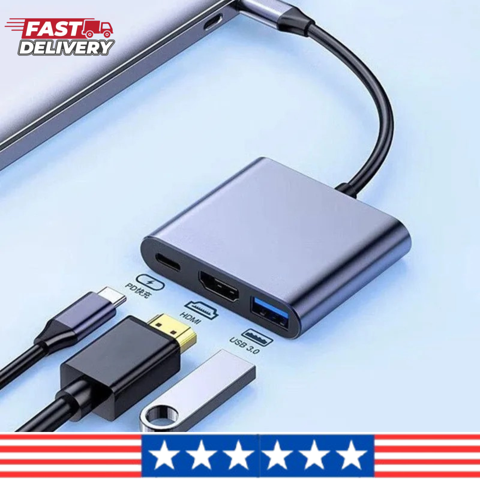 USB C Hub 3 in 1 Type C Docking Station 4K HDMI Adapter PD Fast Charge USB 3.0