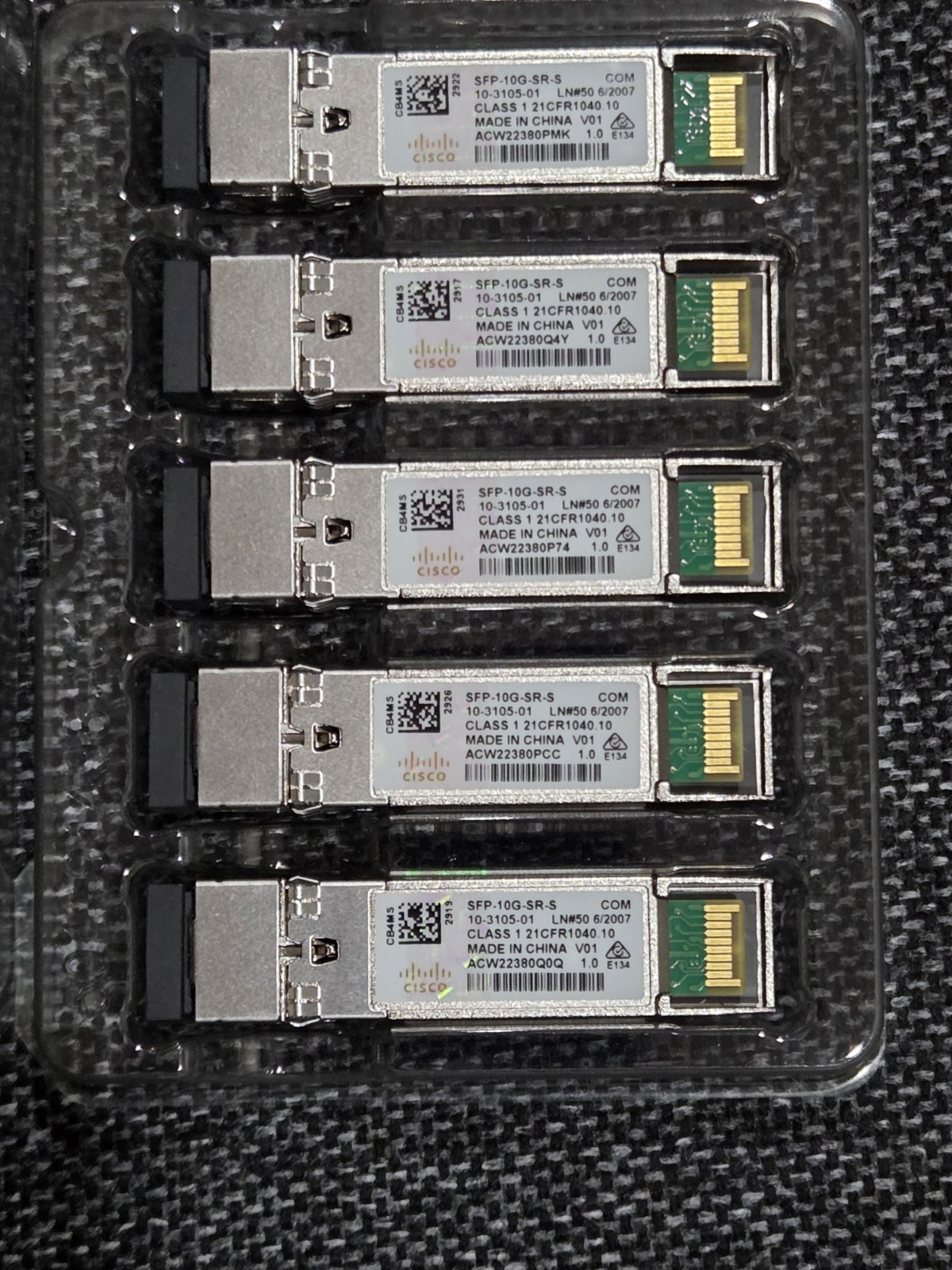 Lot of 5 Cisco SFP-10G-SR-S 10GBASE-SR SFP+ 850nm LC Transceivers New Open Box