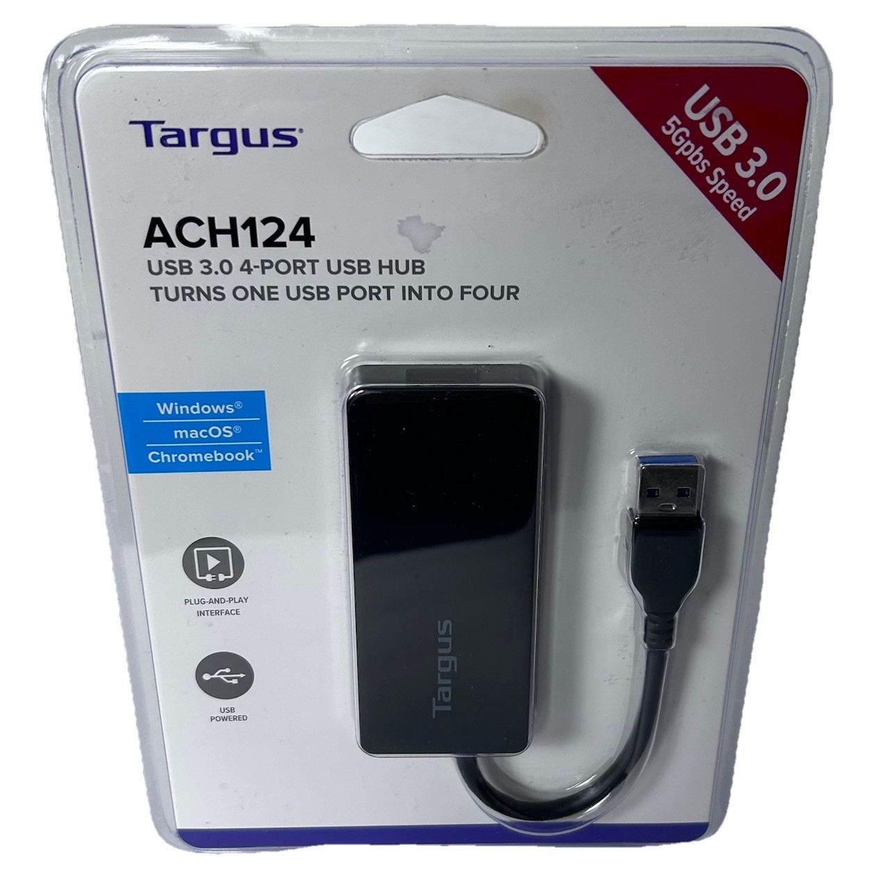 Targus ACH124 USB 3.0 4-Port Hub 5Gbps Speed Windows Mac Compact USB Powered NEW