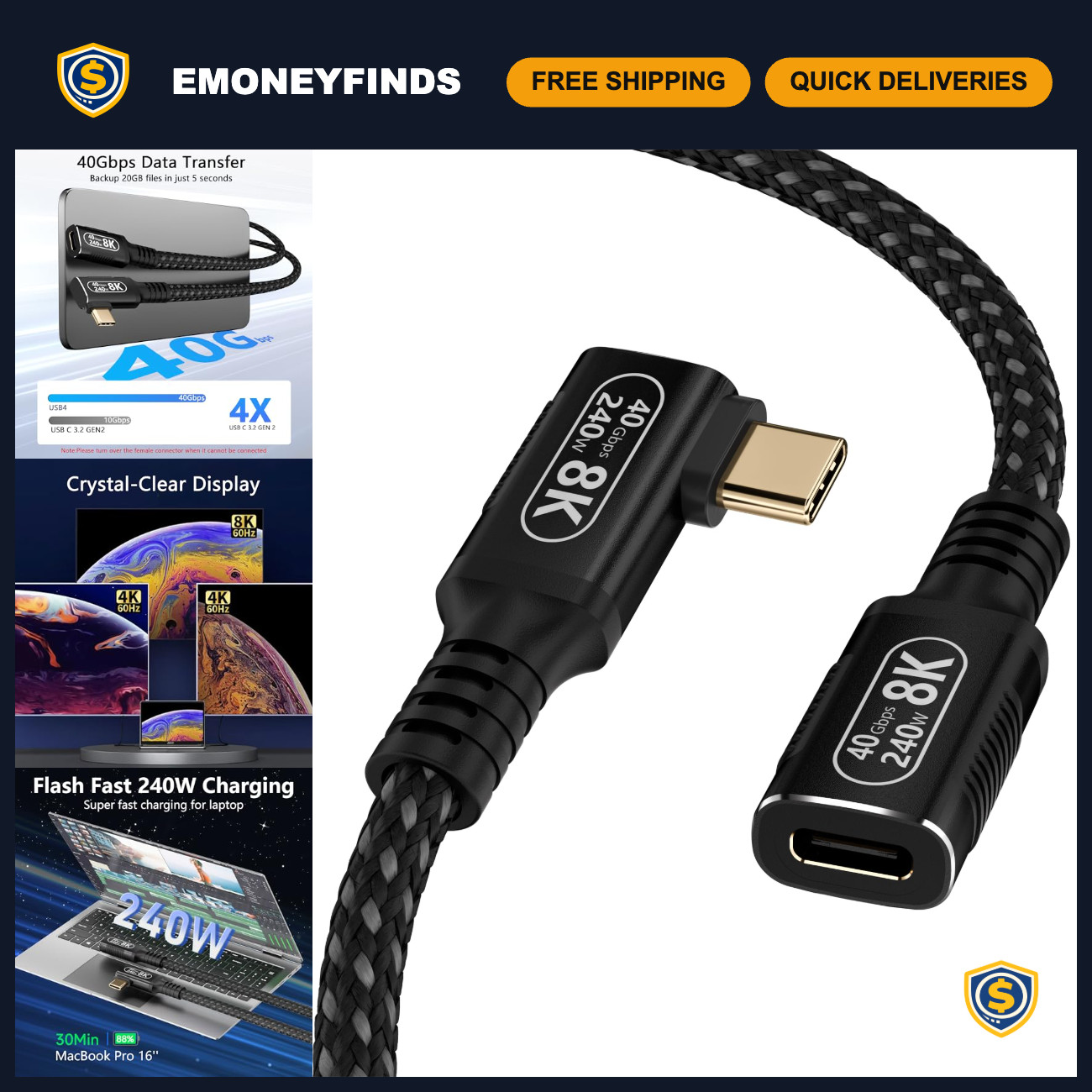 Ultra-Short 1.6FT USB C Extender, 90° Right Angle, 40Gbps Data, 240W Charge, 8K