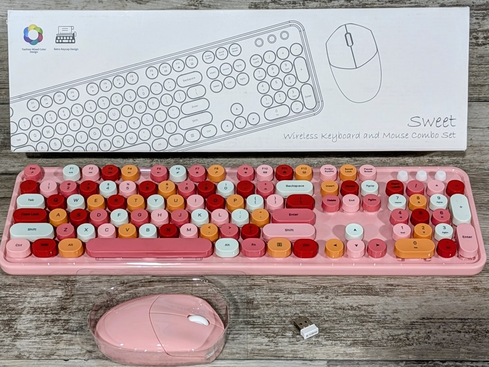Pink Wireless 2.4G Keyboard Mouse Set Full Size Removable Keys Mixed Pink Sweet 
