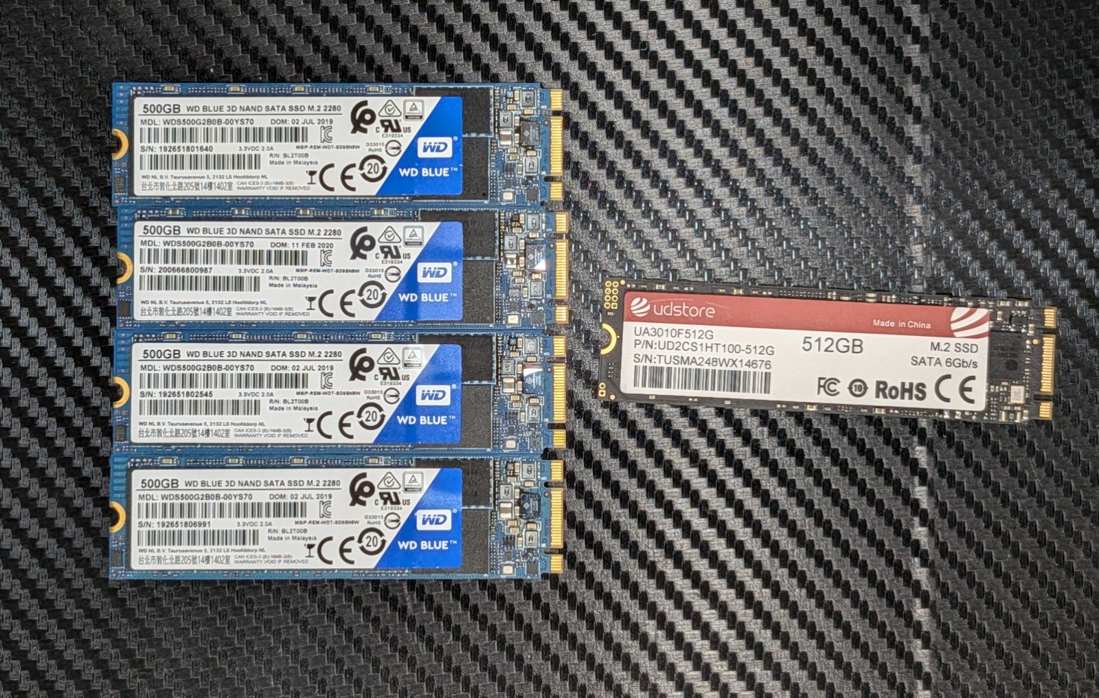 Lot of 5x 500GB / 512GB M.2 SATA SSDs - WD Blue & UDStore