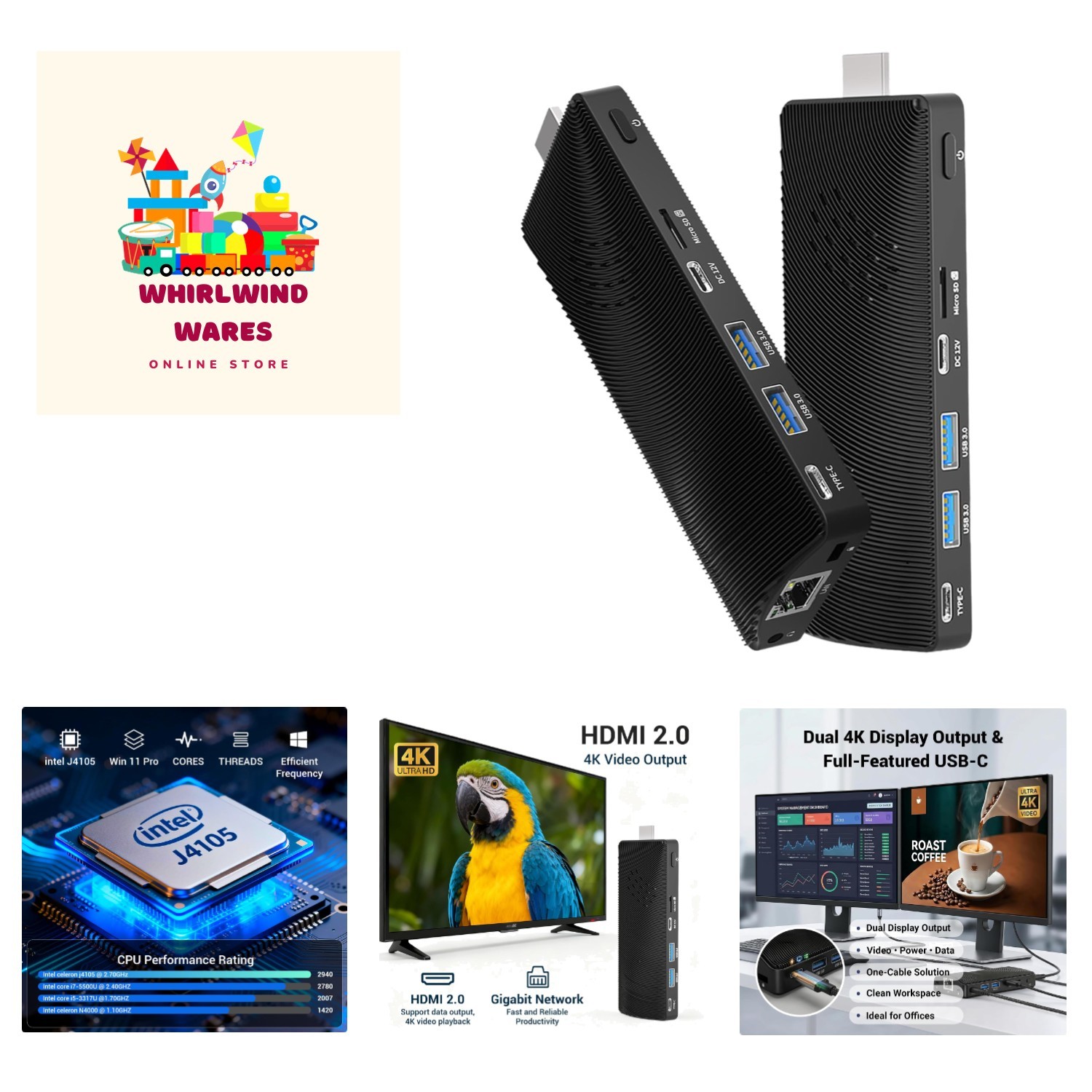 Portable 4K Mini PC Stick - Celeron J4105, Fanless Design, Ideal for Business