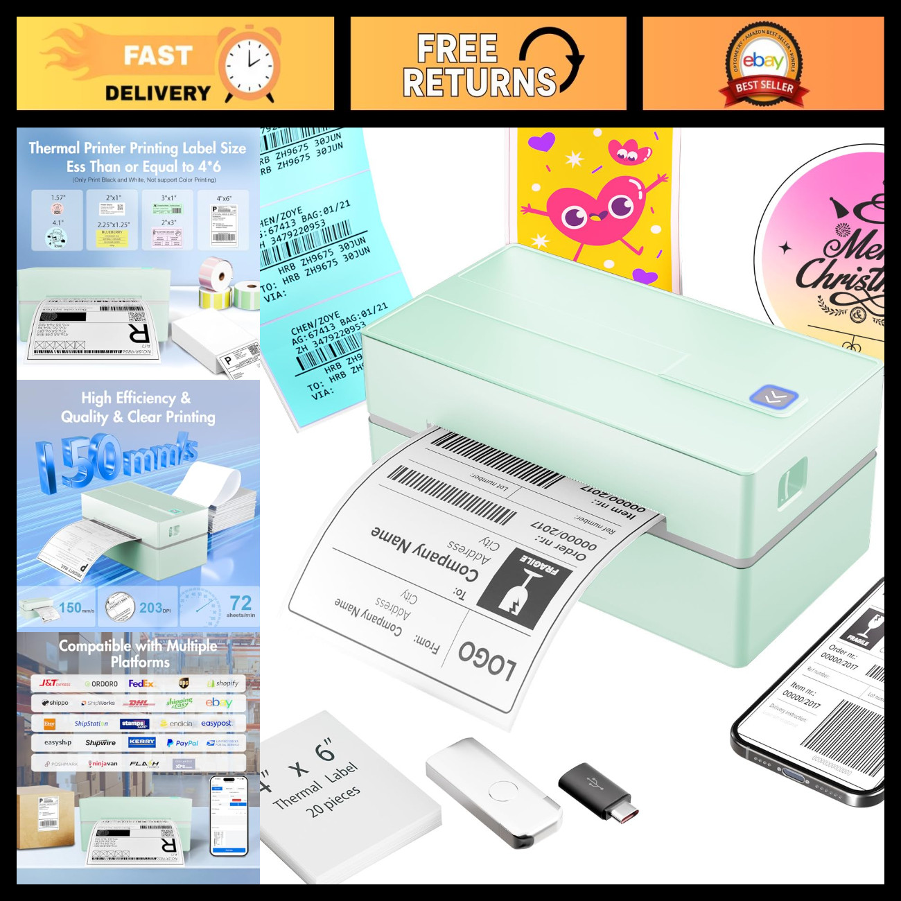 4x6 Thermal Shipping Label Printer, Bluetooth Label Maker for Small Business, Fa
