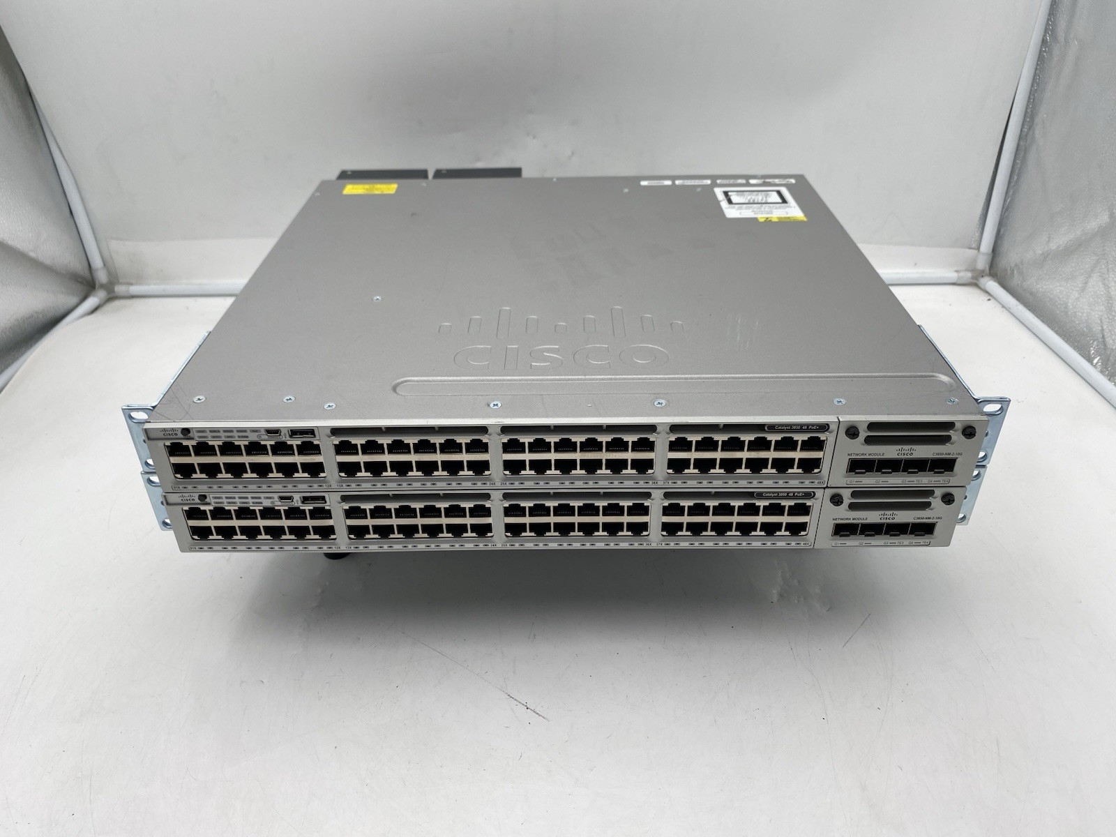 Lot of 2  Cisco WS-C3850-48P-L 48 Port Gigabit PoE+ Switch w/2x C3850-NM-2-10G