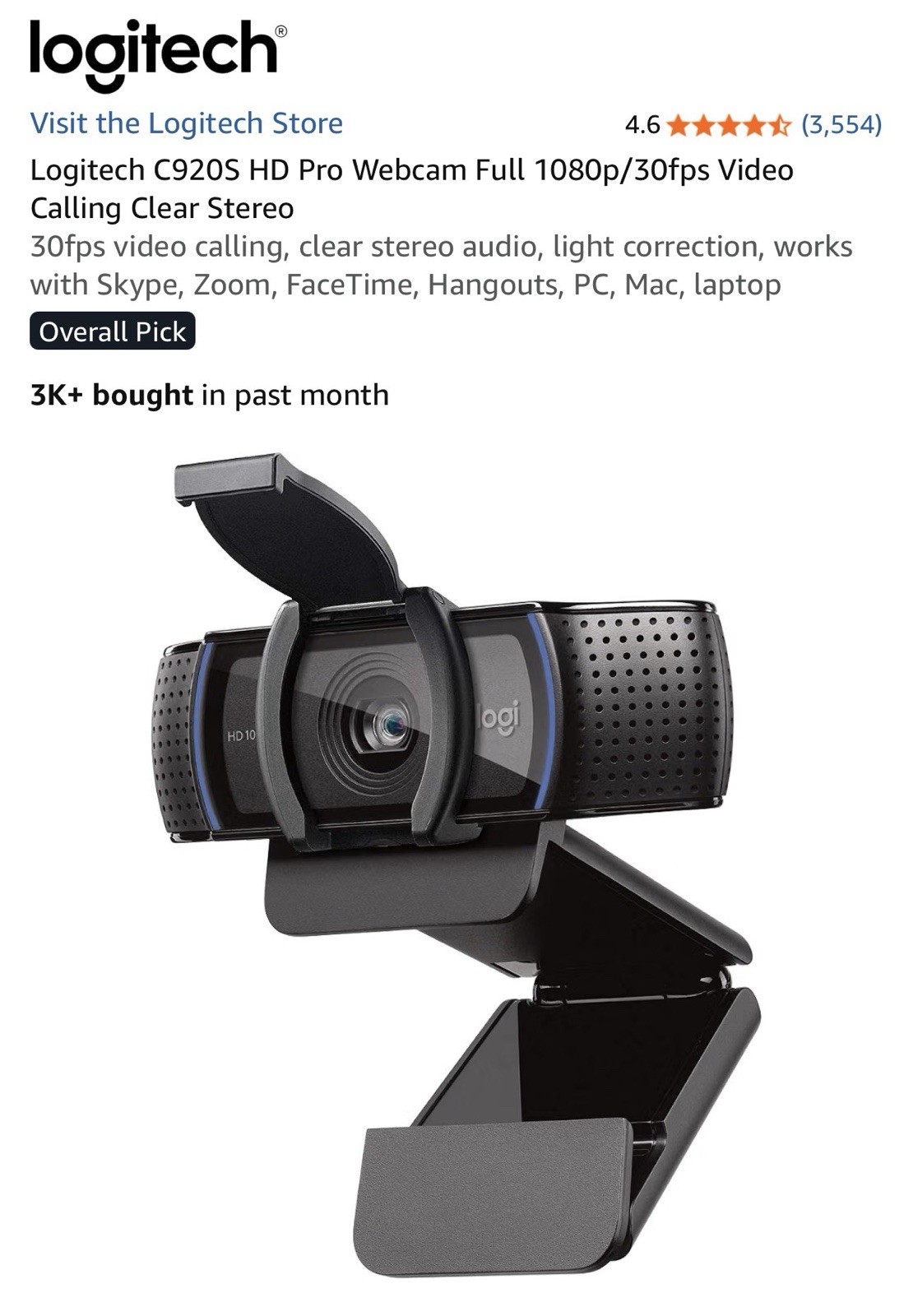 Logitech C920S Full HD Pro Webcam, 1080p/30fps Video Calling, Clear Stereo