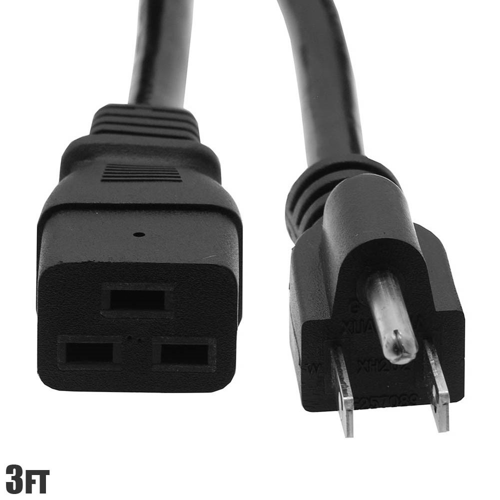 3FT 14/3 Gauge Power Cord Cable NEMA 5-15P Male to IEC320 C19 Female SJT Black