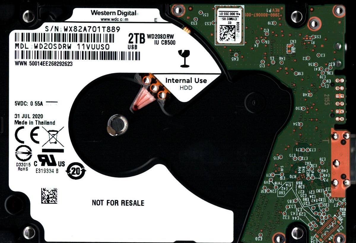 WD20SDRW-11VUUS0 S/N: WX82A WESTERN DIGITAL 2TB THAILAND JUL 2020