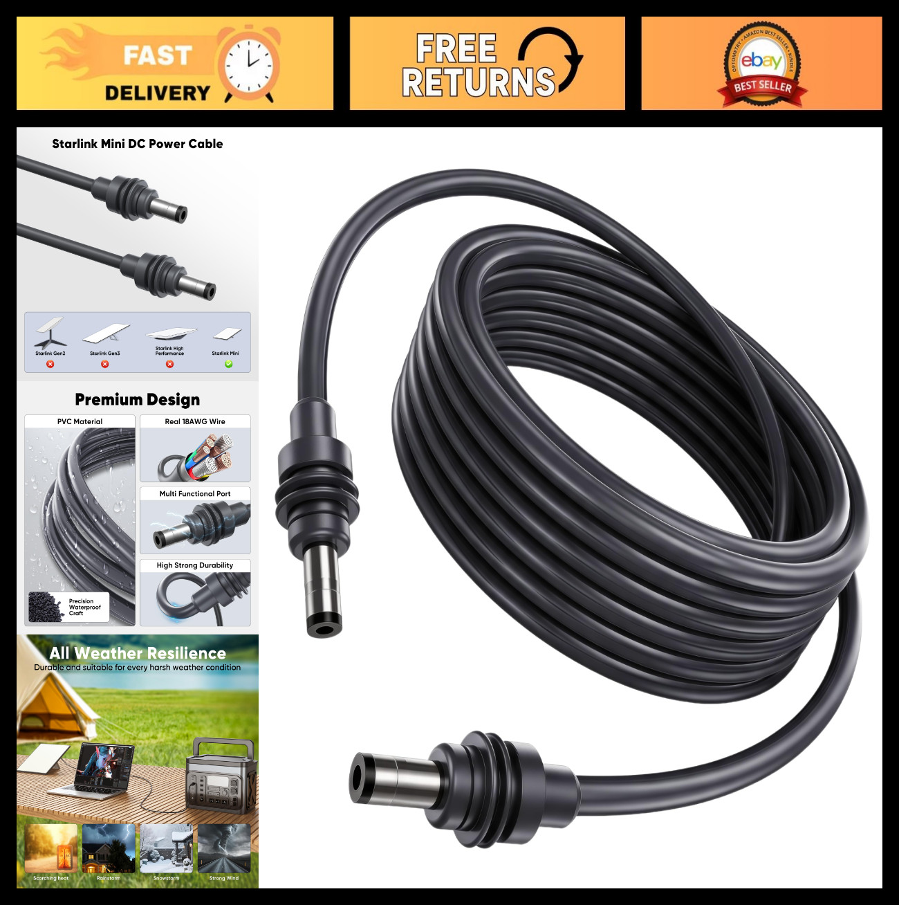 10FT Waterproof DC Power Cable for Starlink Mini - 18AWG Replacement Cord