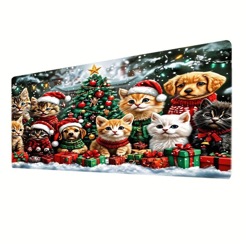 Cute Christmas Animal Theme Mouse Pad, Holiday Exclusive Large Mouse Pad, Cat