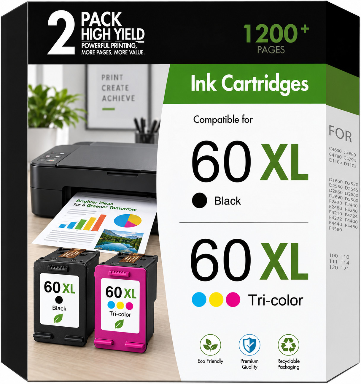 2 Pack 60XL Ink Cartridge Combo for HP DeskJet F4480 F4440 D2660 F4275 F4280 lot