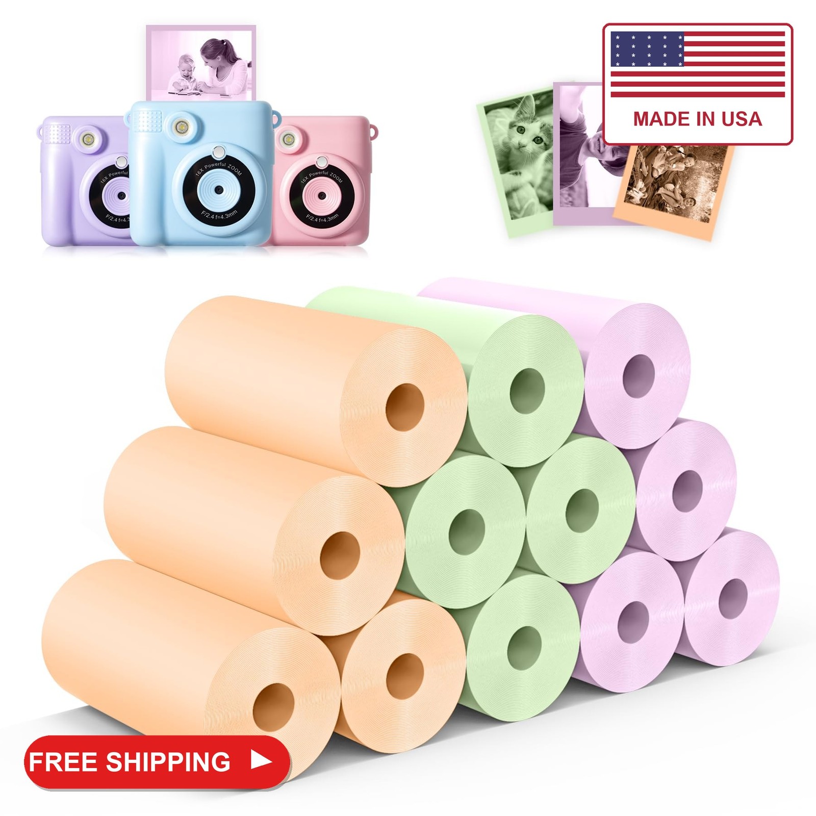 Hikkon 12 Rolls Kids Instant Camera Thermal Print Paper Refill - 3 Colors (Purpl