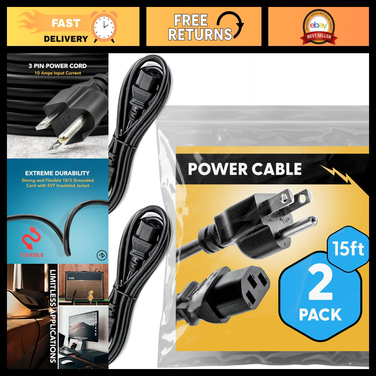 15ft Universal Power Cord (2 Pack) - IEC C13 to NEMA 5-15P, 18AWG, 10A, 125V for