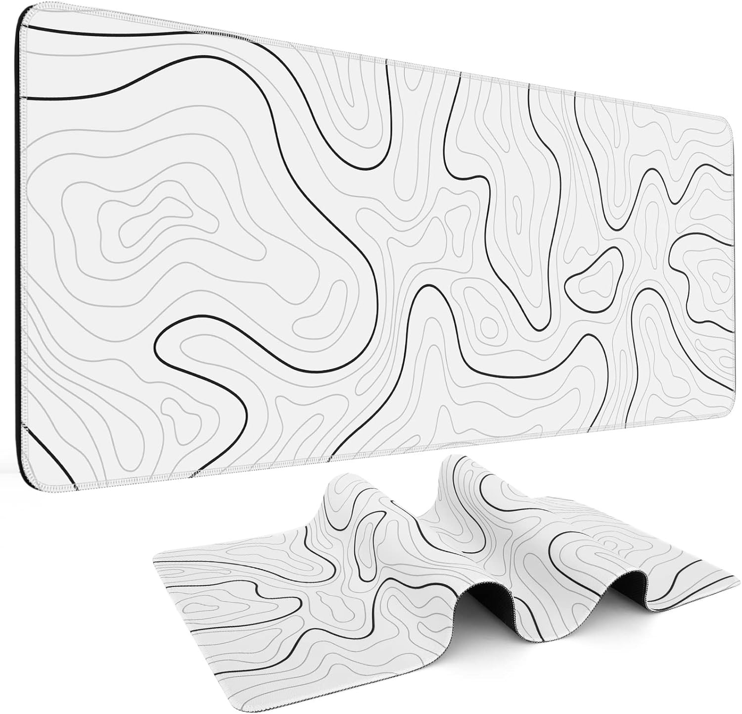 XL Gaming Mouse Pad 31.5x11.8in White Black Topographic Anti-Slip Rubber