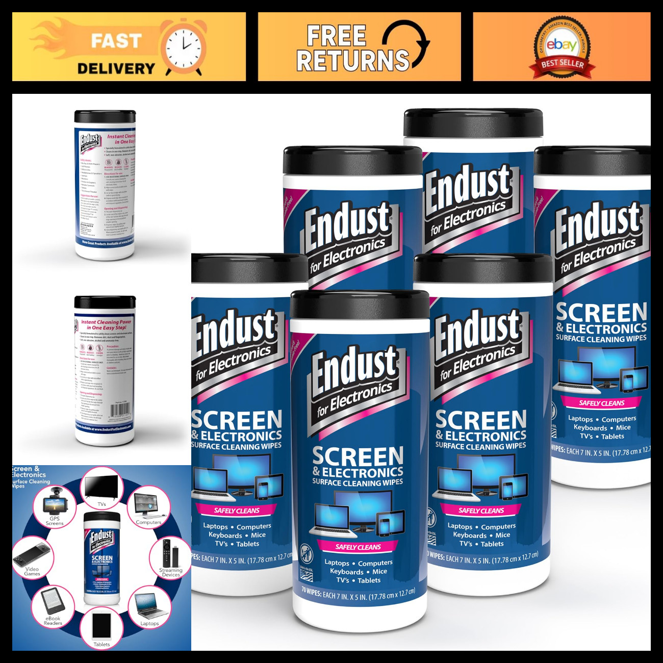 Electronics Cleaning Wipes - Pre-Moistened, Alcohol & Ammonia Free, 70 Count, 6