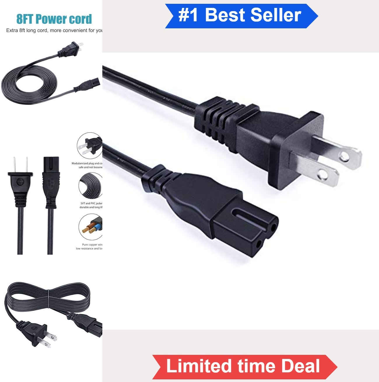 8ft 2 Prong AC Power Cord 125V 10A 18AWG Replacement for LED Smart TV Sound Bar