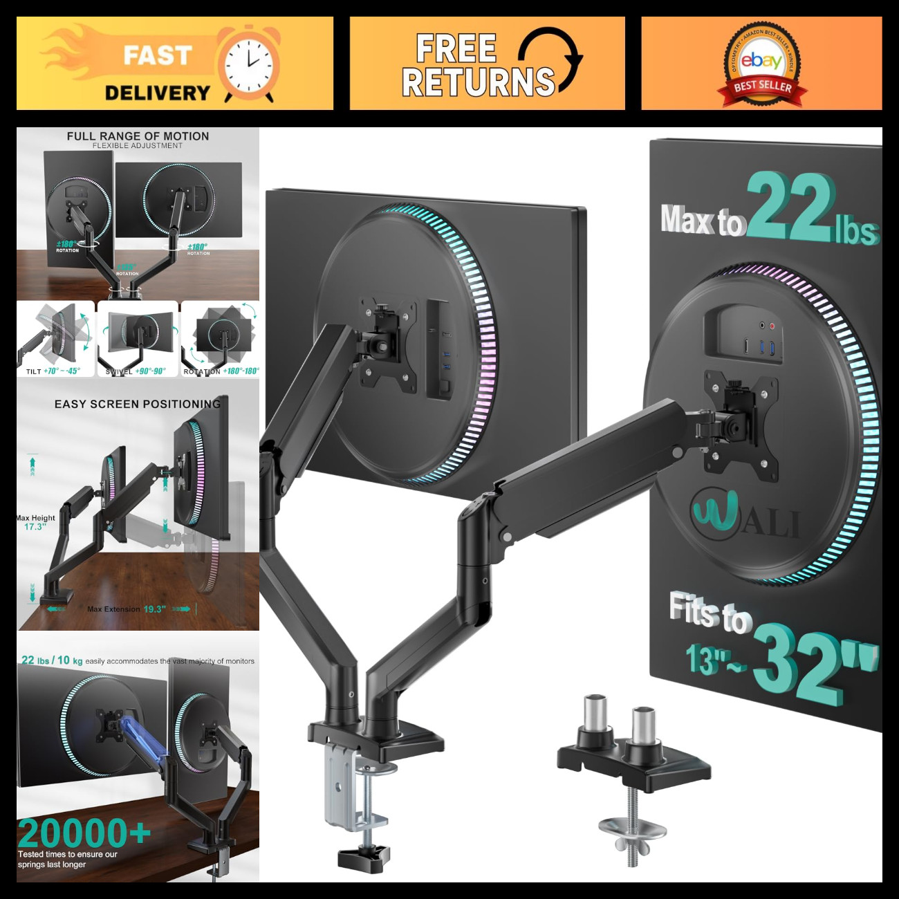 Adjustable Dual Monitor Arm for 13-32" Screens, Holds 22 lbs Each, Ergonomic Des