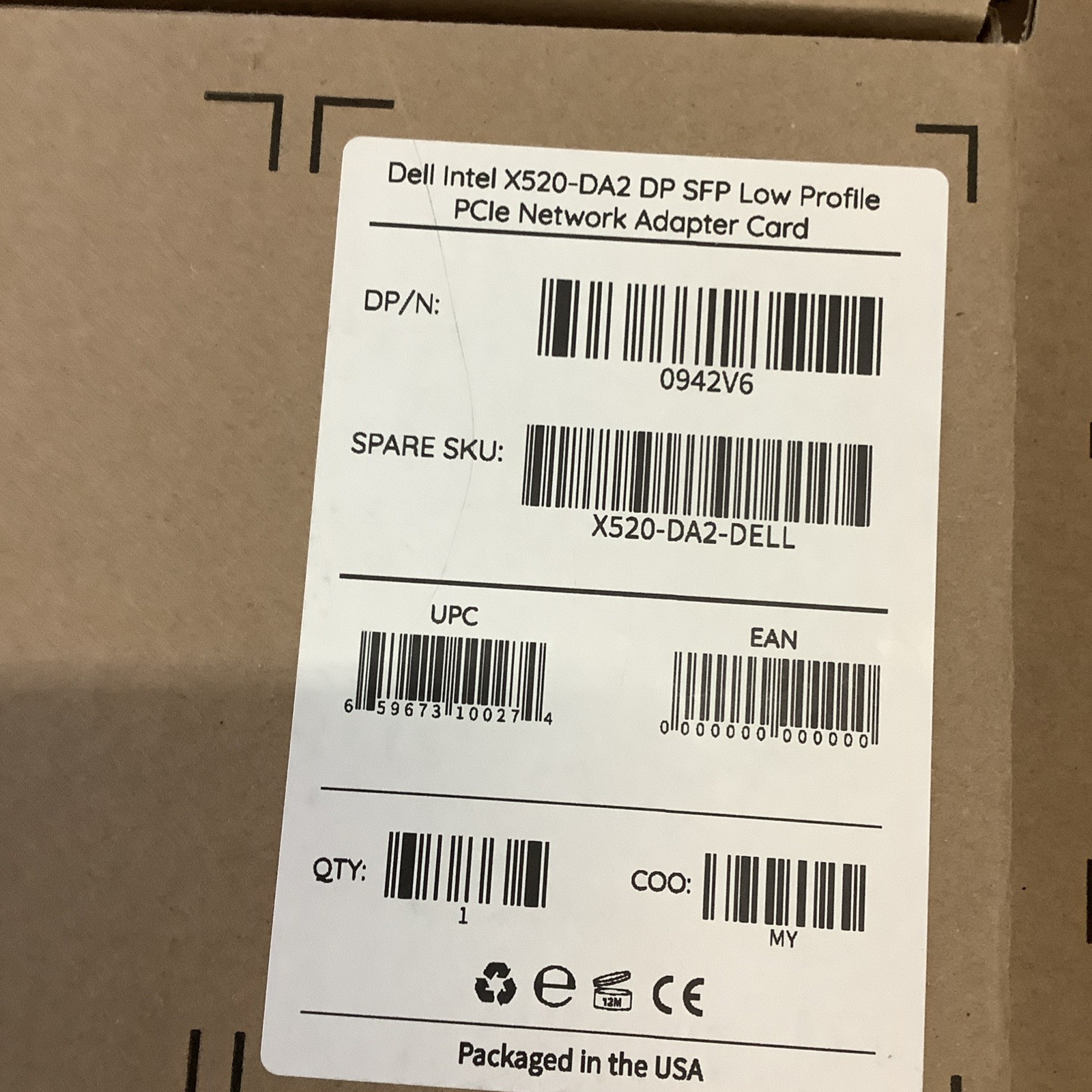 Dell 0942V6 Intel X520-DA2 Dual Port Network Interface Card 10GbE NIC