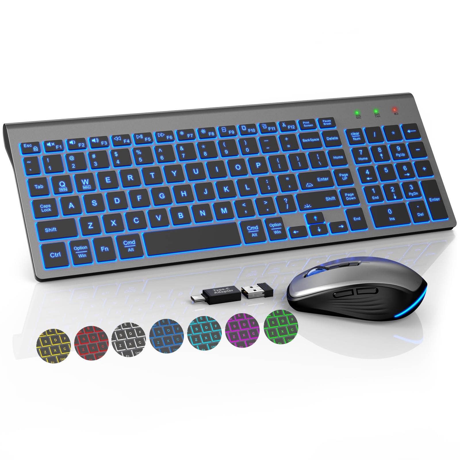 Wireless Keyboard and Mouse Combo Compact Backlit 7-Color RGB - Quiet Design