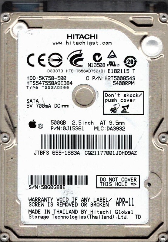 HTS547550A9E384 P/N: 0J15361 MLC: DA3932 MAC 655-1683A Thailand Hitachi 500GB