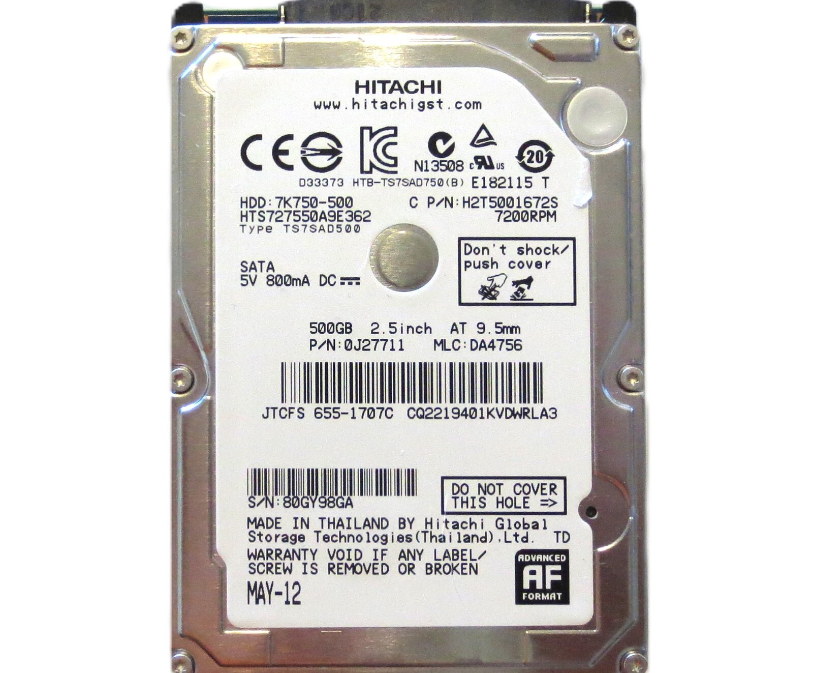 Hitachi HTS727550A9E362 0J27711 DA4756 (80G) Thailand 2.5" 500gb Sata HDD MAY-12