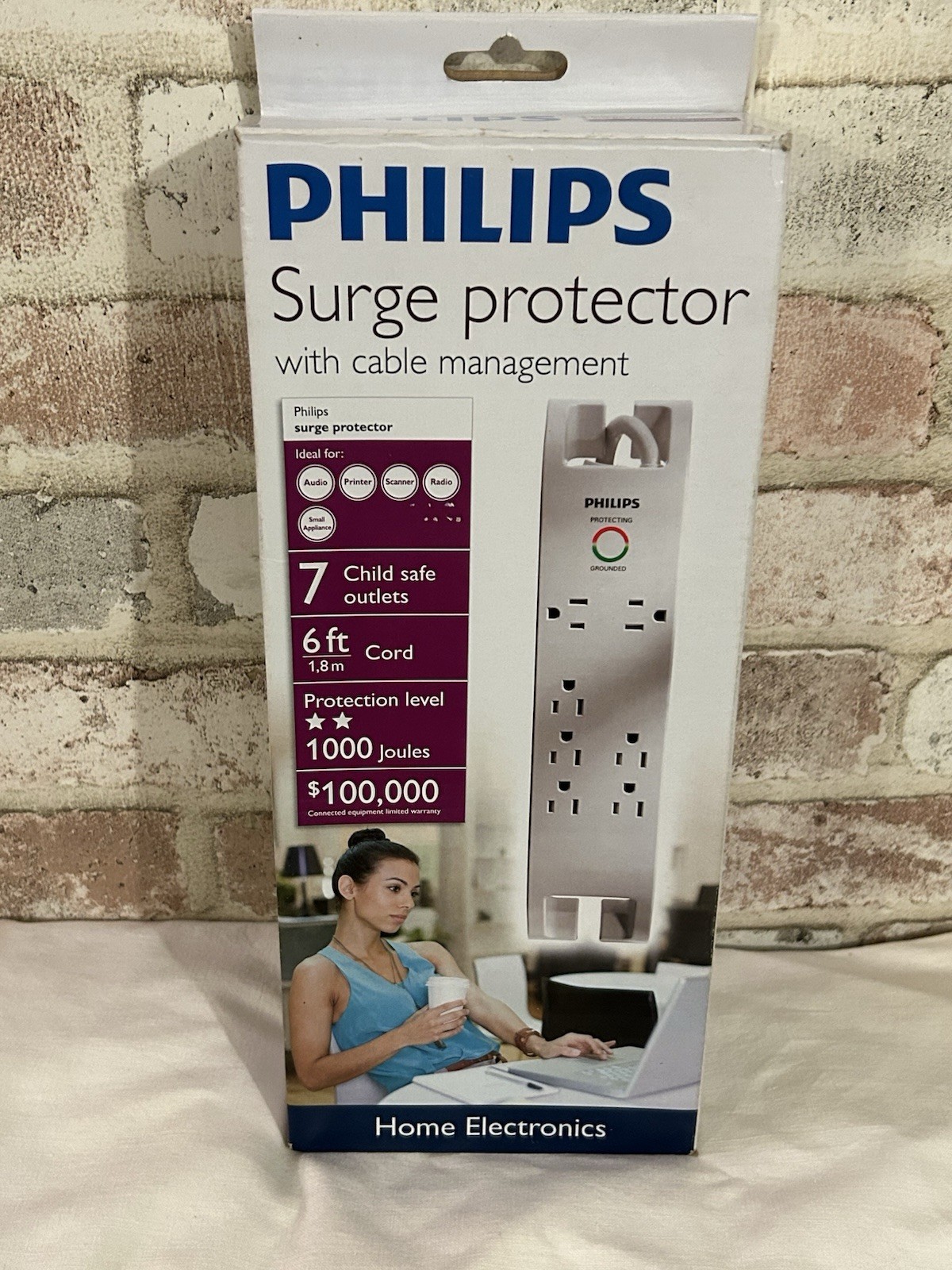 Philips 7-Outlet Surge Protector Home Power, 6ft White Cord Protection Level