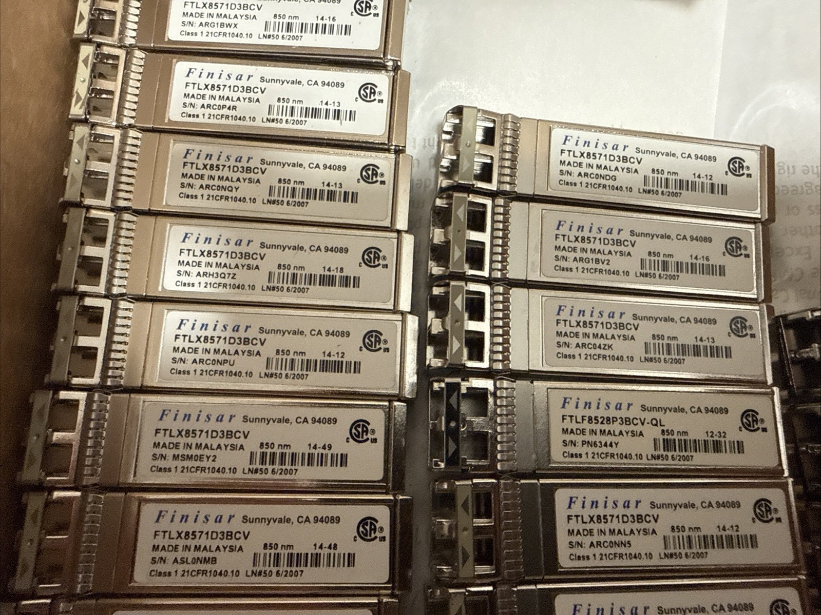 Lot of 100 Finisar FTLX8571D3BCL 10 Gigabit SFP+ 850nm Transceivers