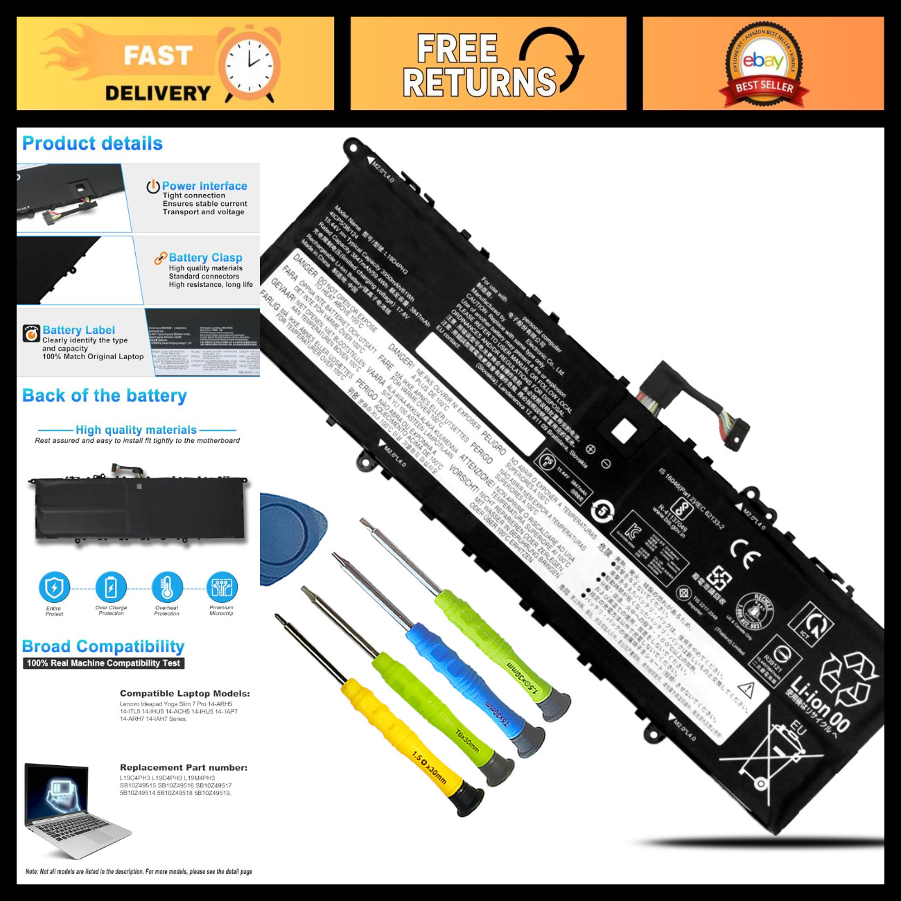 Laptop Battery Replacement for Lenovo Ideapad Yoga Slim 7 Pro 61Wh L19D4PH3 L19M