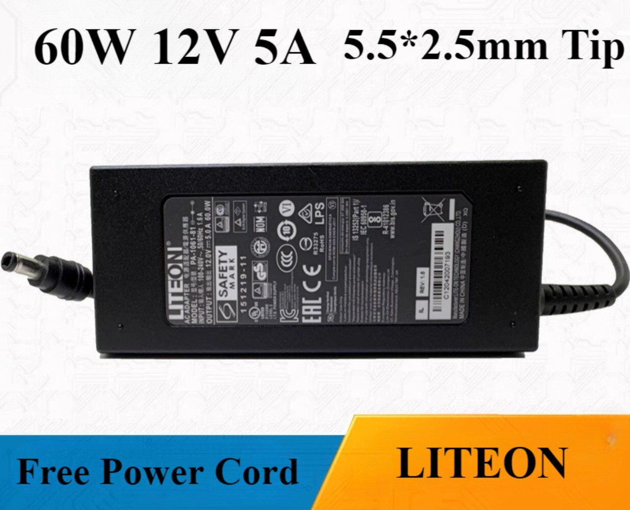 Original Liteon 12V 5A 60W AC Adapter 5.5*2.5mm Power Supply Charger PA-1061-0