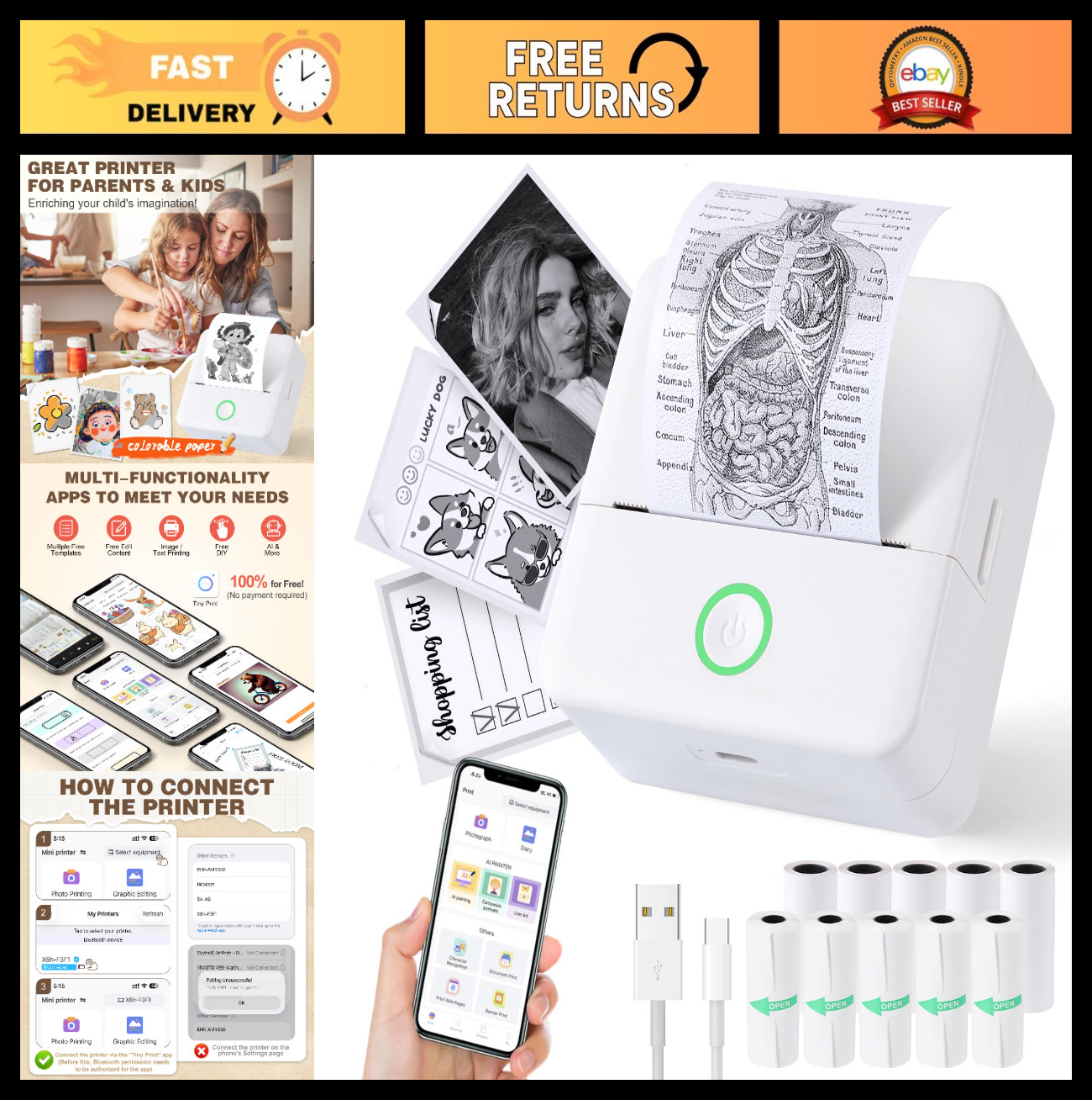Portable Mini Sticker Printer, X6 Print Pod, 10 Rolls Thermal Paper, DIY Craftin