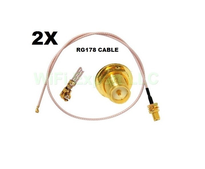 2X U.FL RG178 Mini PCI to RP-SMA Pigtail Antenna WiFi Cable 20 Inches (50cm) USA