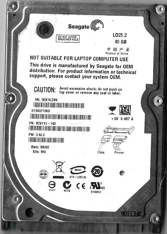 Seagate ST940210AS 40GB Sata Hard Drive P/N: 9CV111-143 F/W: 3.ALC  5QX  WU