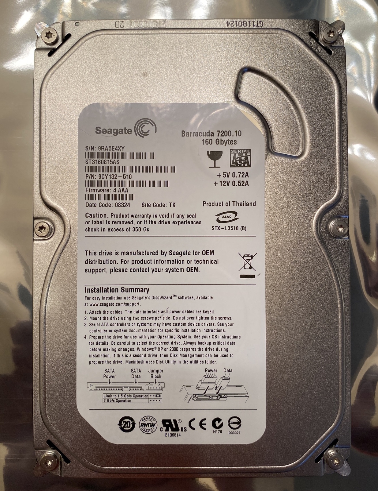 **TESTED** Seagate Barracuda ST3160815AS Dell JP208 160GB SATA 7200 RPM 3.5"