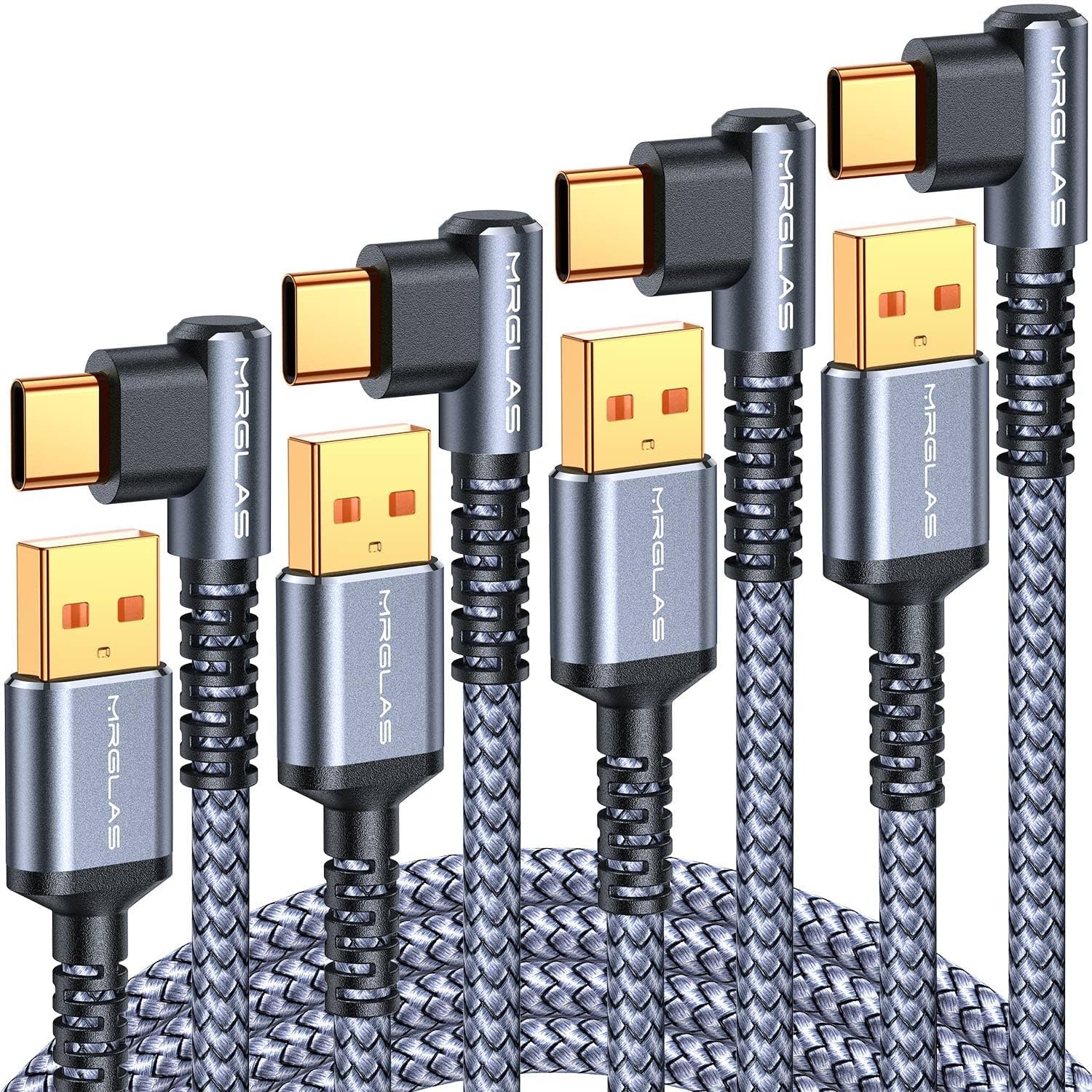 MRGLAS USB C Cable 3.2A【Upgraded 90°& Gold-Plated】, 10+6.6+3.3+1.6 FT, Grey 