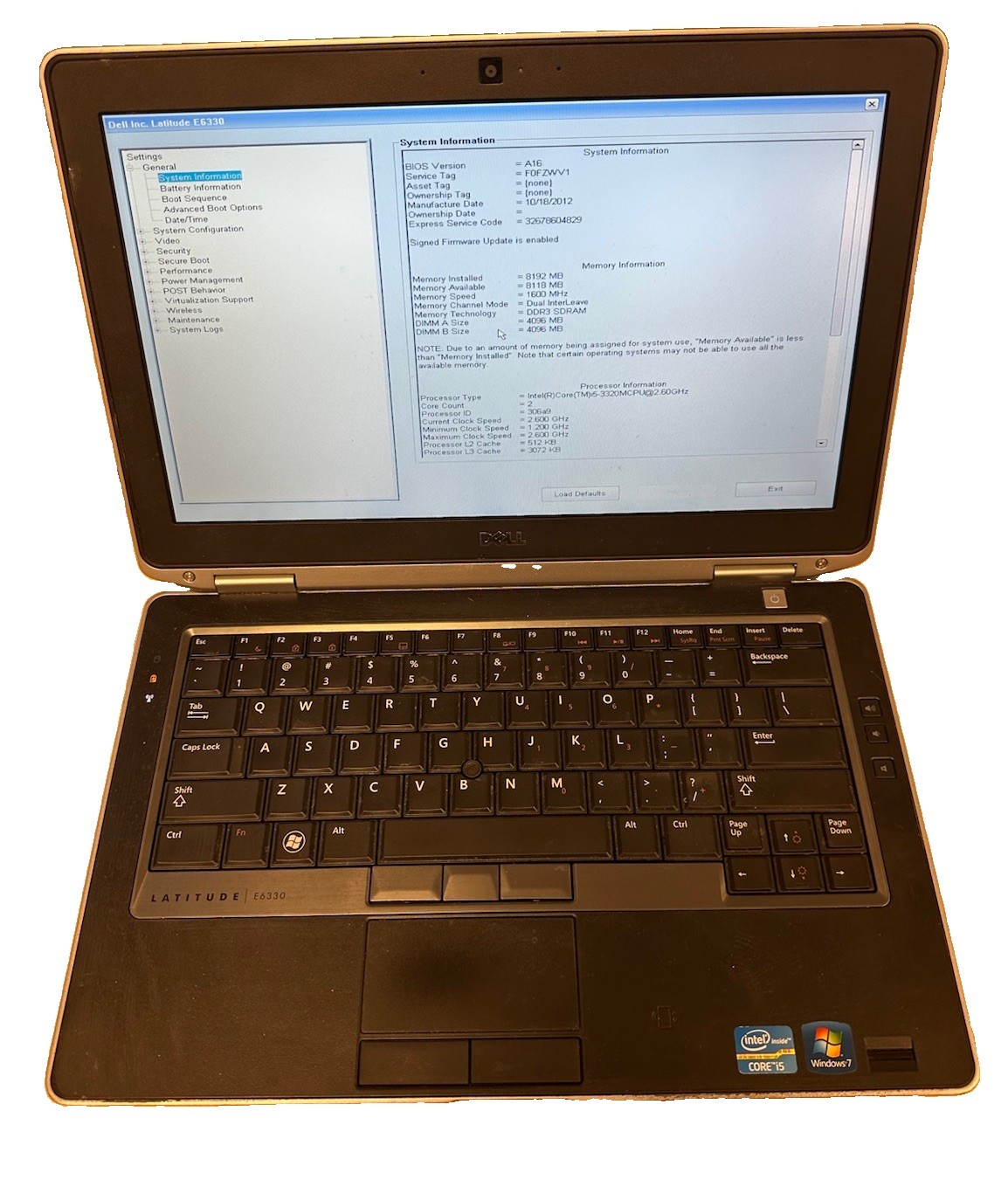 Dell Latitude E6330 i5-3320M, 8GB, NO SSD- Boots to BIOS *BAD BATTERY*