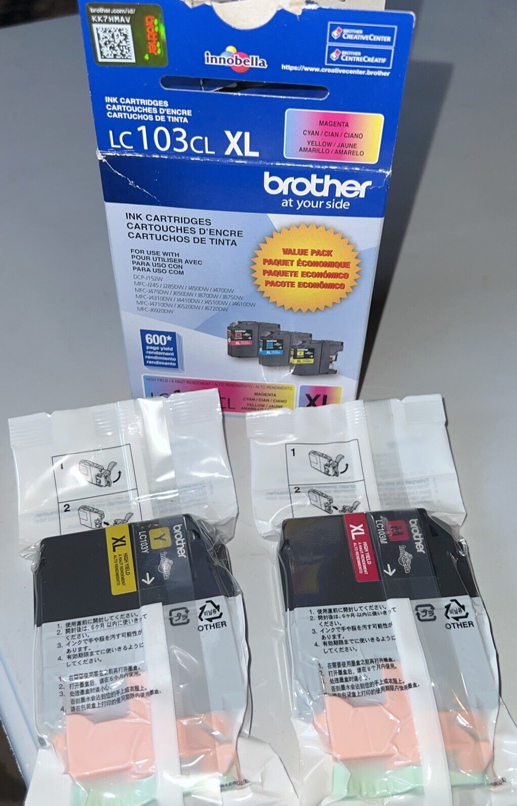 2 Pack Brother Genuine LC103CL XL Magenta And Yellow Ink Cartridges EXP 02/2023