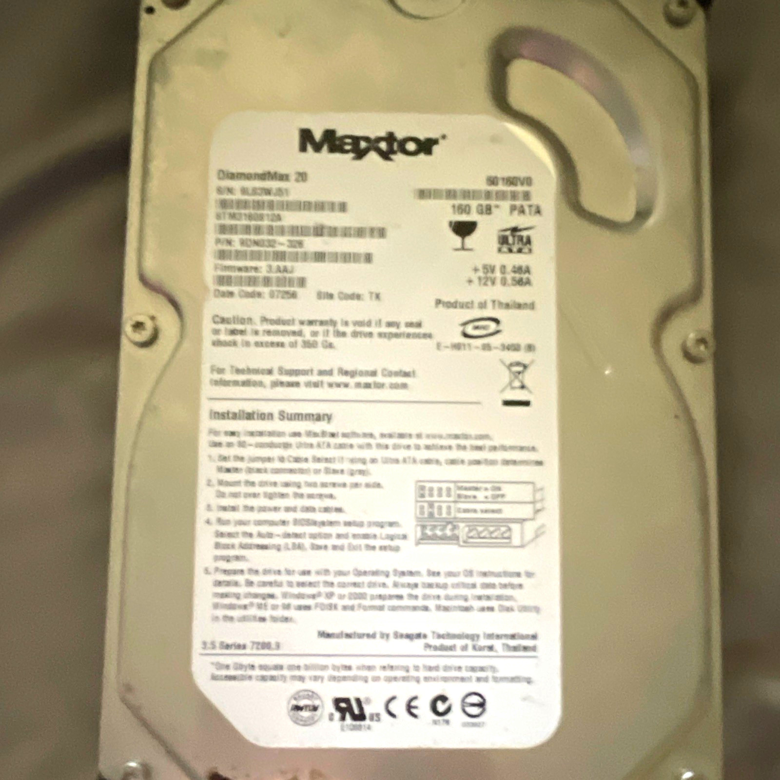 Maxtor DiamondMax 20 160GB 3.5" PATA Ultra ATA/133 7200RPM 8MB 6Y160V0