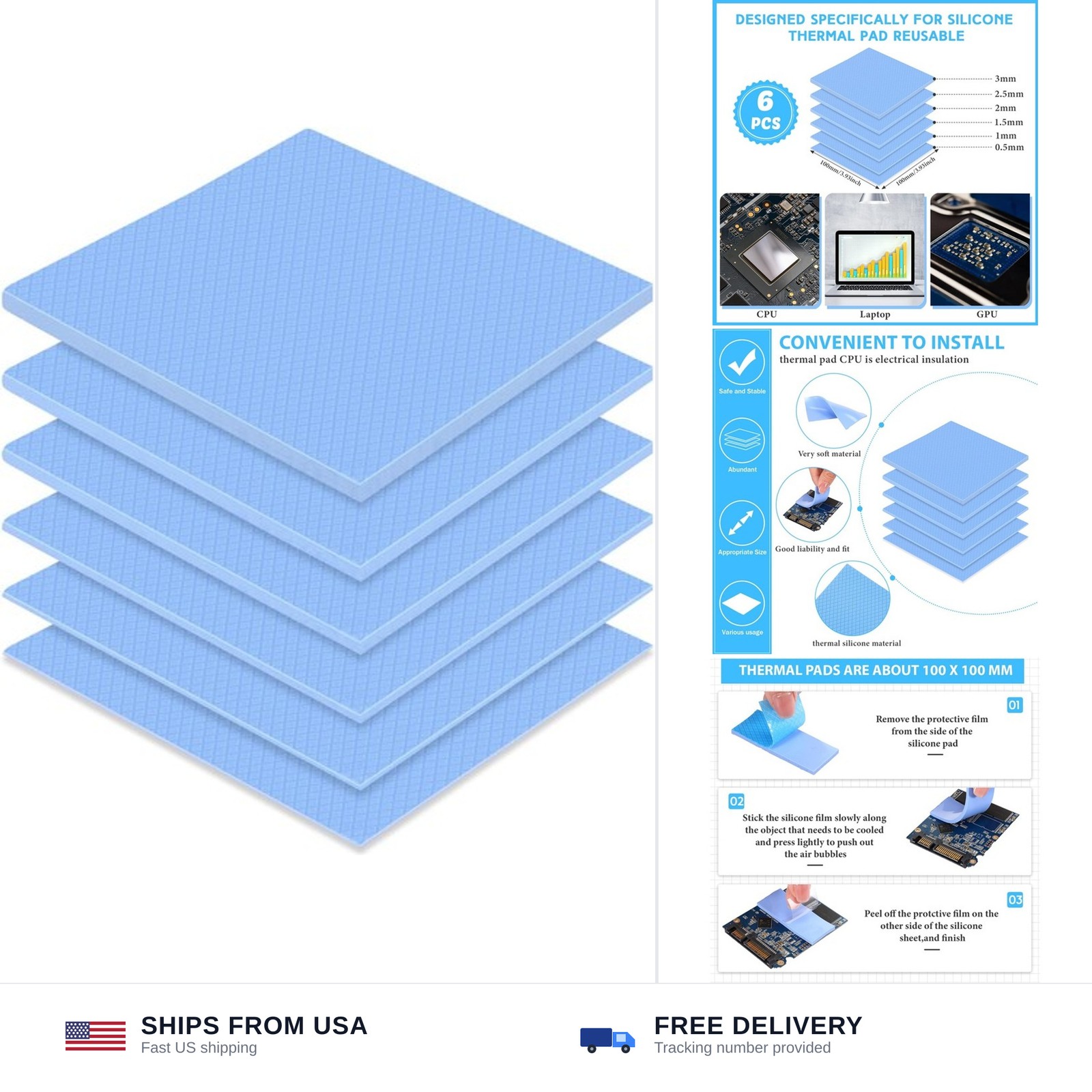 Thermal Pads GPU Laptop CPU 100x100mm 6 Pack Blue Silicone Heat Conductive