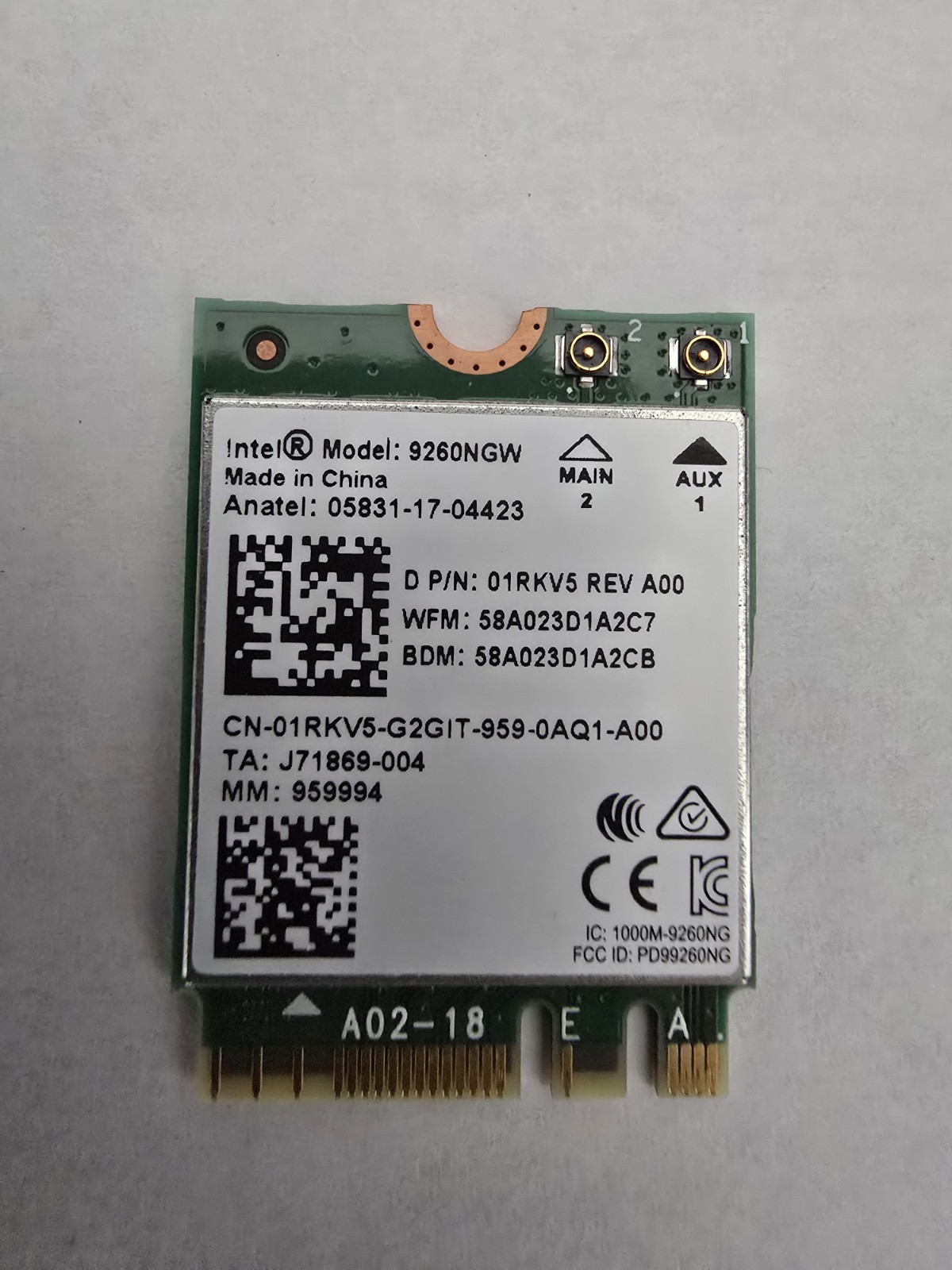 Intel Dual Band Wireless-AC 9260 Model: 9260NGW M.2 2230 Wi-Fi and Bluetooth