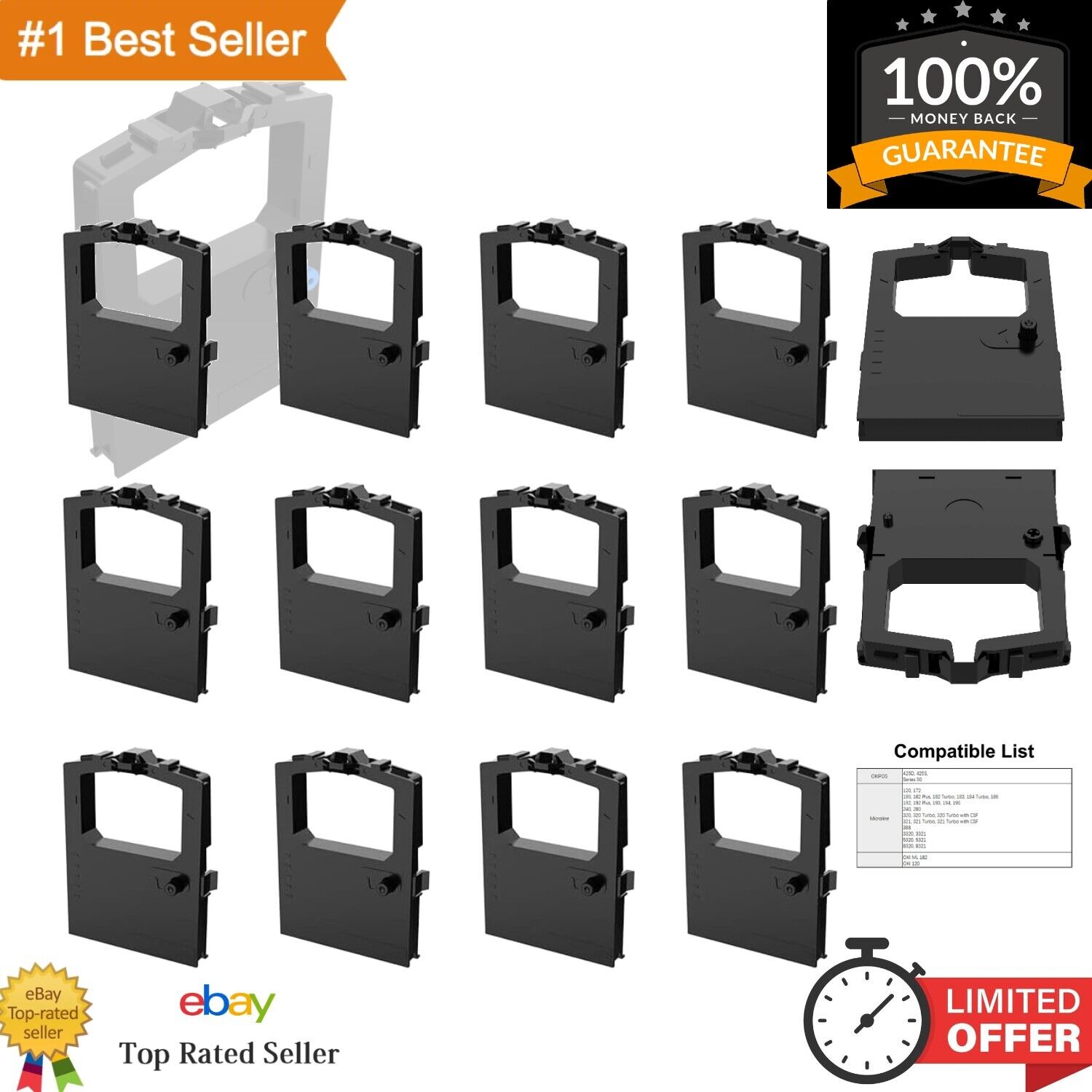 12-Pack Compatible Printer Ribbon Cartridge Replacements for Okidata 52102001...