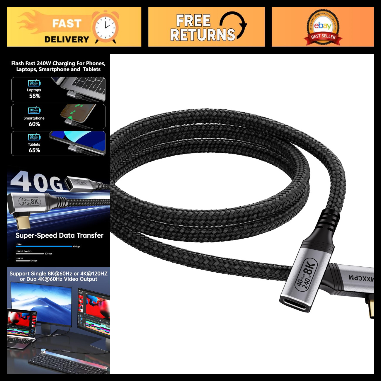 3.3FT USB-C Right Angle Extension Cable, 40Gbps Data Transfer, 240W Fast Chargin